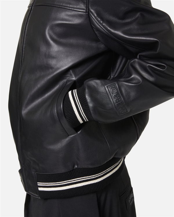 Black leather bomber with embroidered Iceberg logo - Iceberg - Official Website