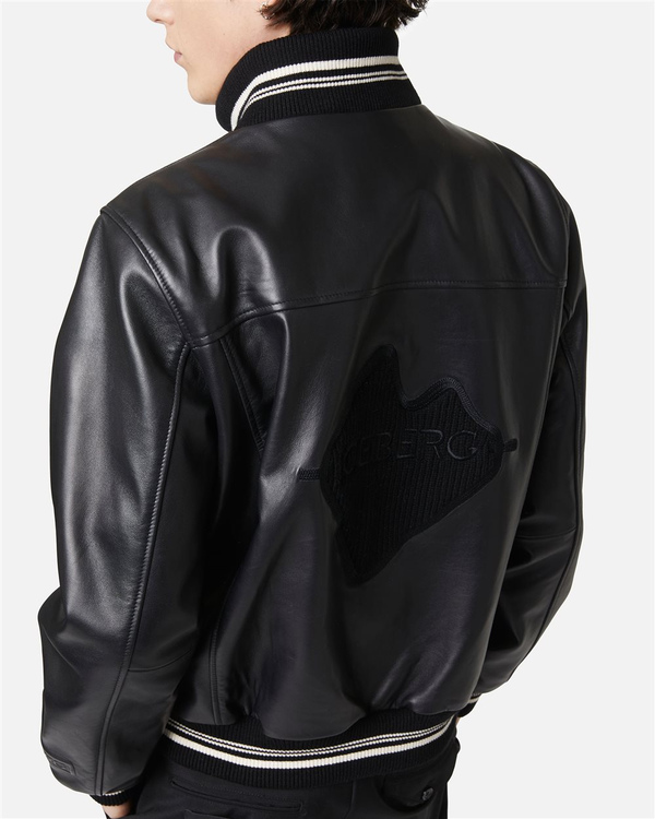 Black leather bomber with embroidered Iceberg logo - Iceberg - Official Website