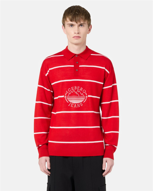 Striped polo sweater in red base wool blend with Iceberg Jeans logo and mountains inlay - Iceberg - Official Website