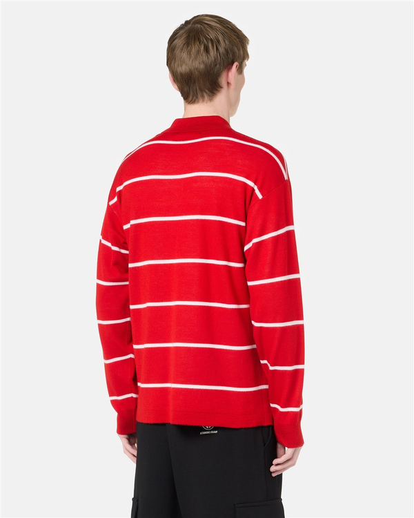 Striped polo sweater in red base wool blend with Iceberg Jeans logo and mountains inlay - Iceberg - Official Website