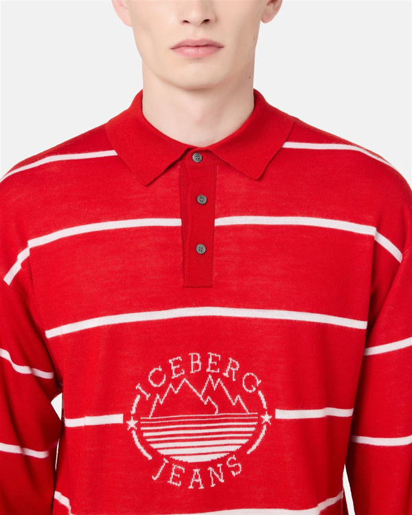 Striped polo sweater in red base wool blend with Iceberg Jeans logo and mountains inlay - Iceberg - Official Website