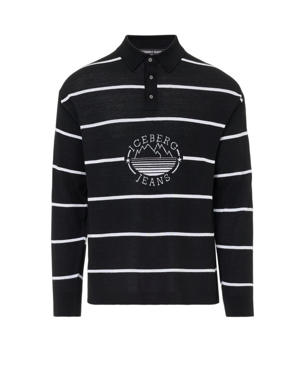 Striped polo sweater in black wool blend with Iceberg Jeans logo and mountains inlay - Iceberg - Official Website