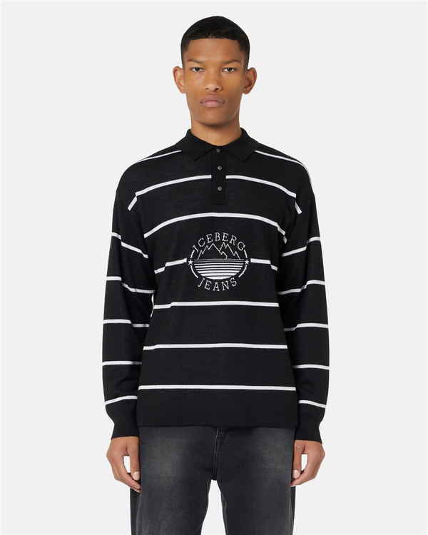 Striped polo sweater in black wool blend with Iceberg Jeans logo and mountains inlay - Iceberg - Official Website