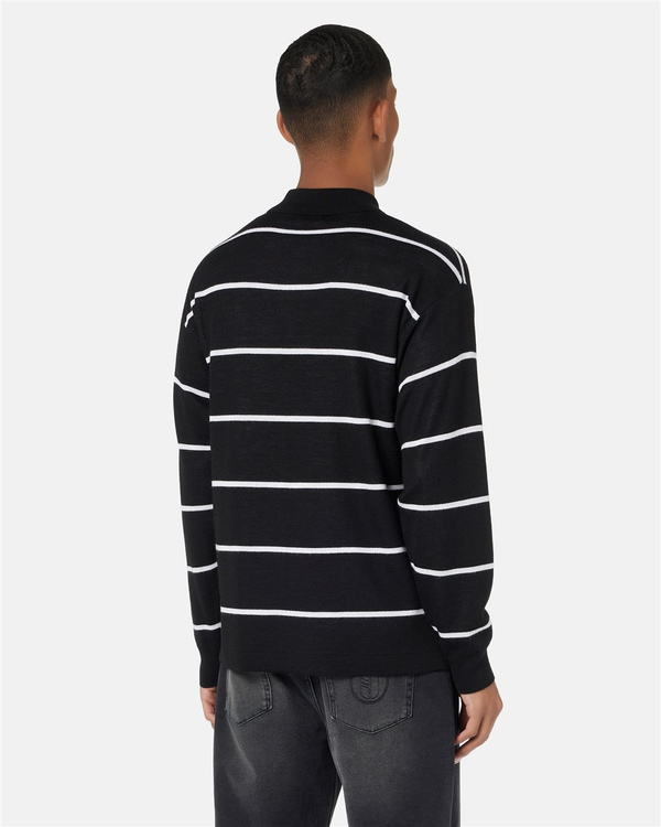 Striped polo sweater in black wool blend with Iceberg Jeans logo and mountains inlay - Iceberg - Official Website