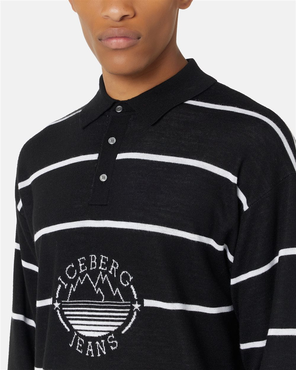 Striped polo sweater in black wool blend with Iceberg Jeans logo and mountains inlay - Iceberg - Official Website