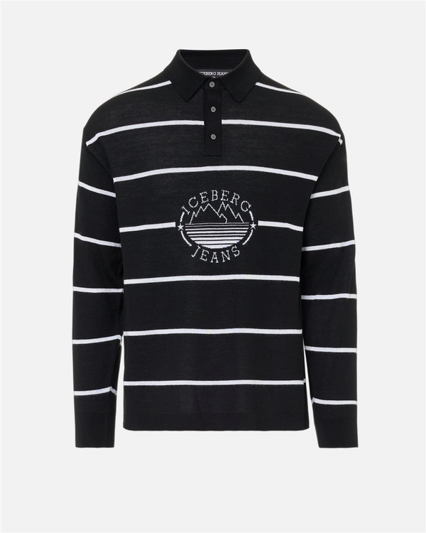 Striped polo sweater in black wool blend with Iceberg Jeans logo and mountains inlay - Iceberg - Official Website