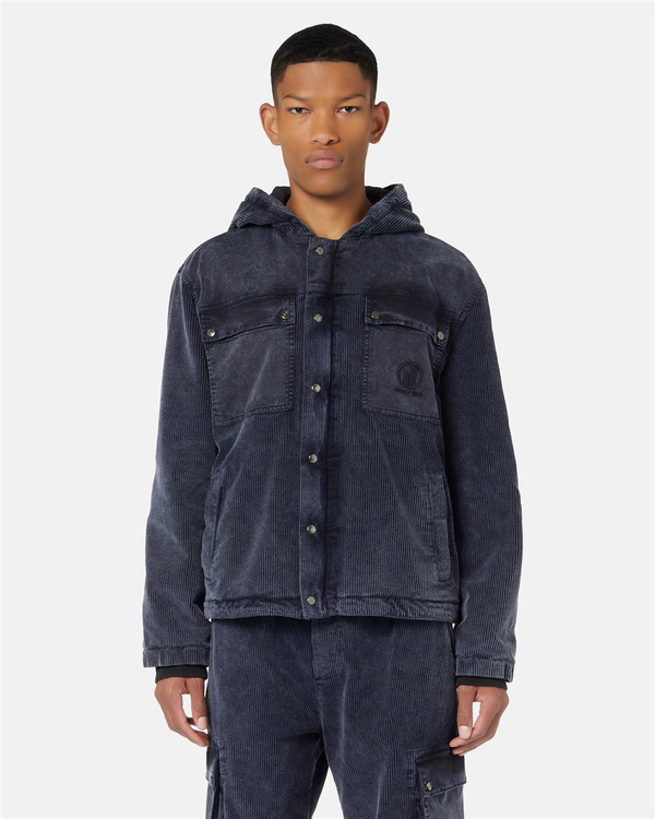 Relaxed-fit hooded sport jacket in navy corduroy with gabardine details and Iceberg logo - Iceberg - Official Website