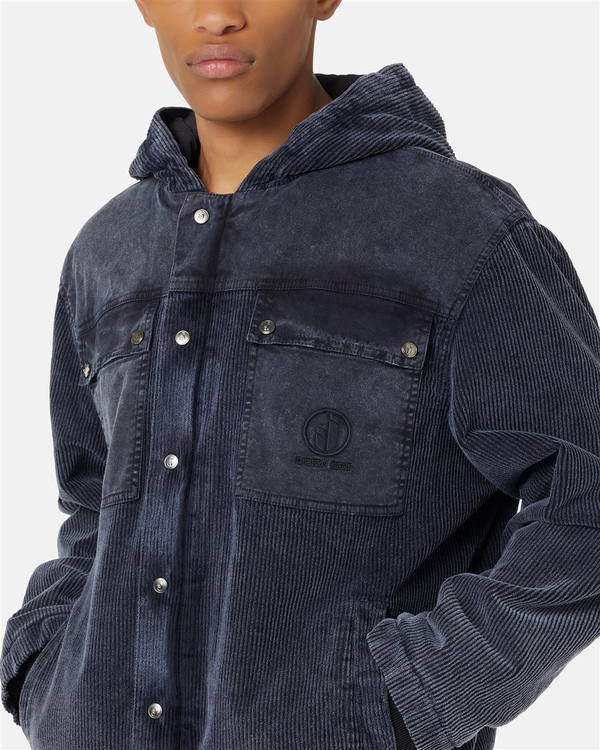 Relaxed-fit hooded sport jacket in navy corduroy with gabardine details and Iceberg logo - Iceberg - Official Website