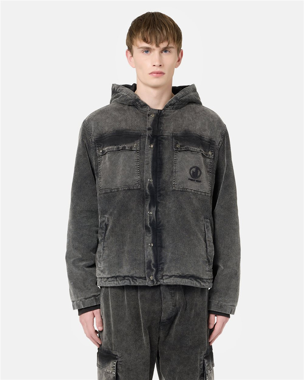 Relaxed-fit hooded sport jacket in gray corduroy with gabardine details and Iceberg logo - Iceberg - Official Website