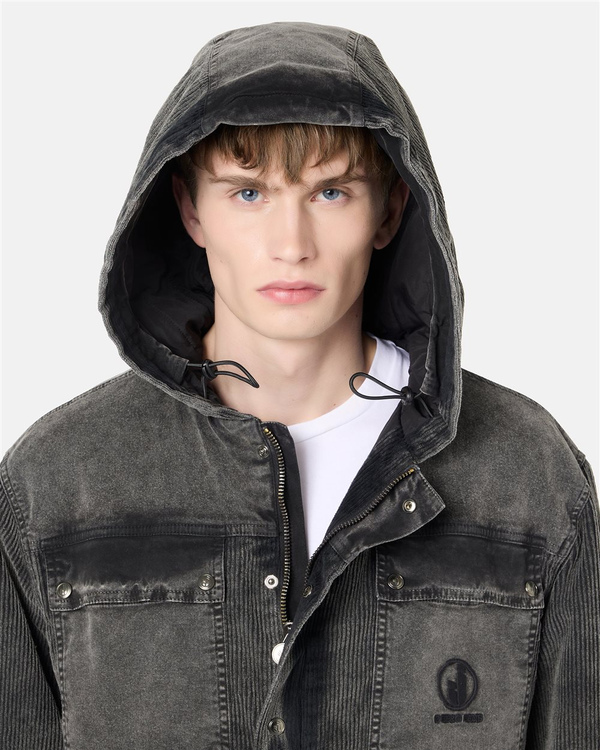 Relaxed-fit hooded sport jacket in gray corduroy with gabardine details and Iceberg logo - Iceberg - Official Website