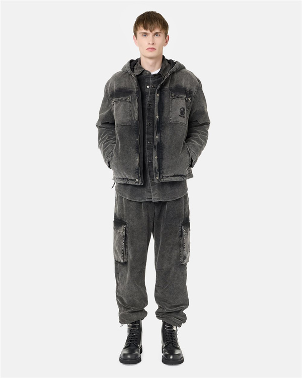 Relaxed-fit hooded sport jacket in gray corduroy with gabardine details and Iceberg logo - Iceberg - Official Website