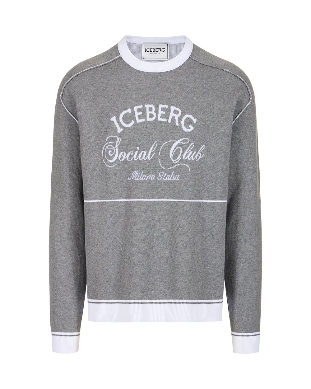 Classic blue cotton crew neck sweater with jacquard workmanship