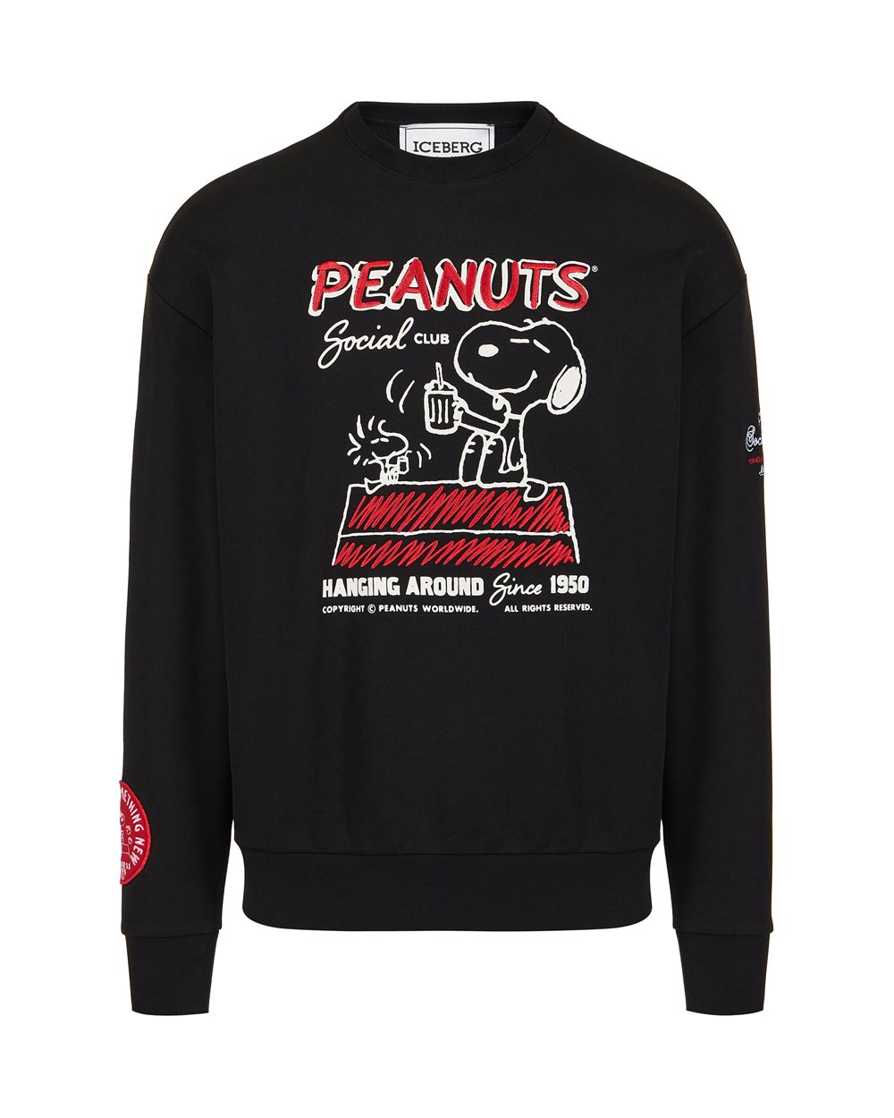 Regular fit blue cotton fleece crew neck sweatshirt, adorned with
