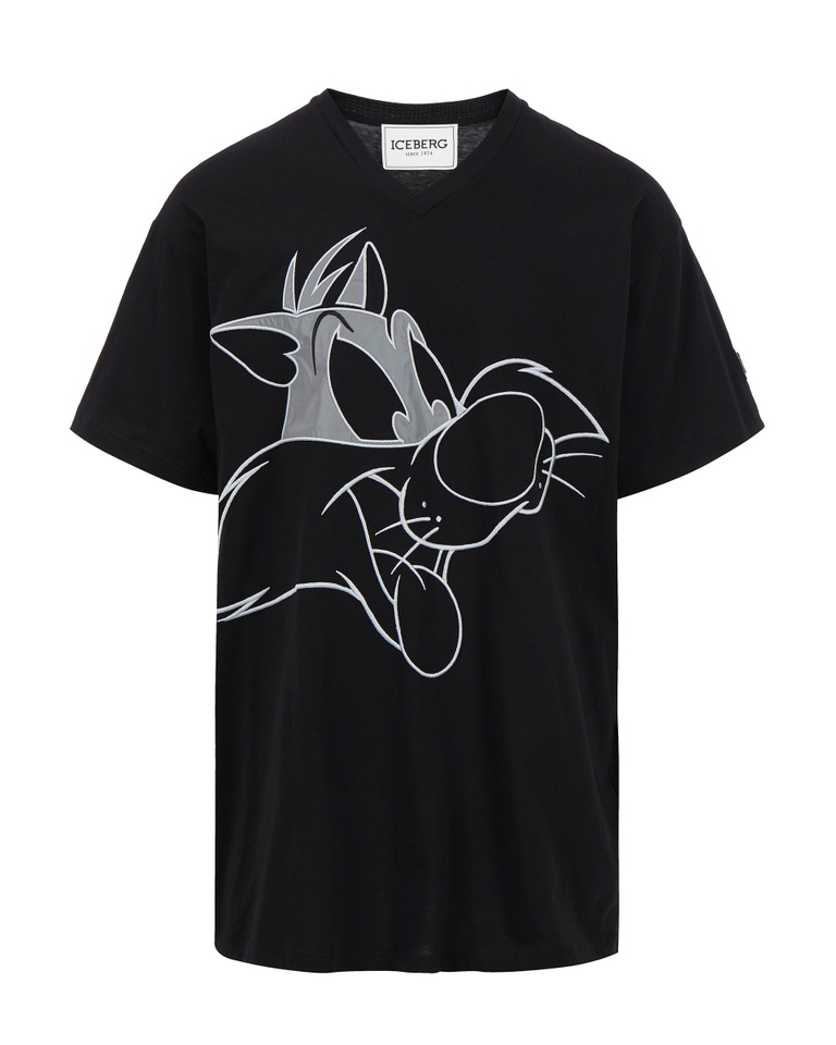 Black Iceberg V-neck T-shirt with Sylvester the Cat - T-shirts | Iceberg - Official Website