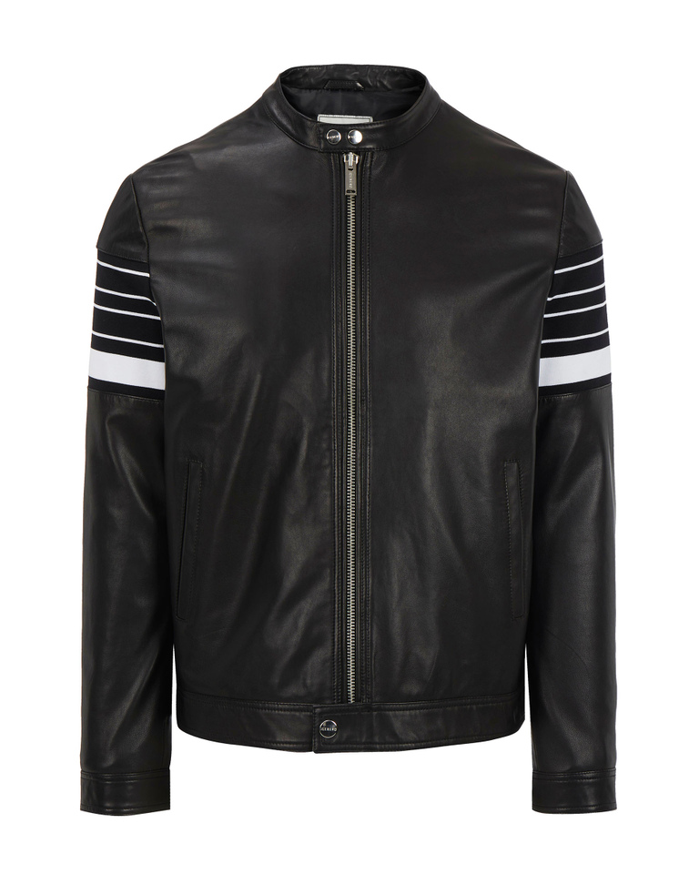 Iceberg black leather jacket with stripe detail - Jackets | Iceberg - Official Website