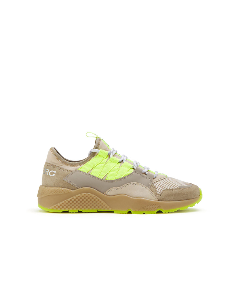 Brown and beige leather Iceberg sneakers with fluro-yellow detail - Shoes | Iceberg - Official Website