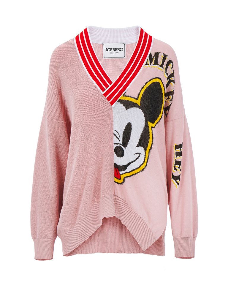 Pullover rosa da donna con scollo a V e Mickey Mouse - Maglieria | Iceberg - Official Website