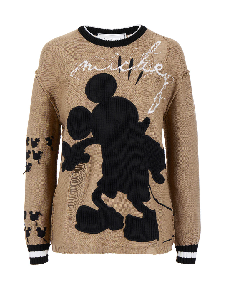 Pullover écru da donna in cotone con Mickey Mouse a intarsio - Maglieria | Iceberg - Official Website