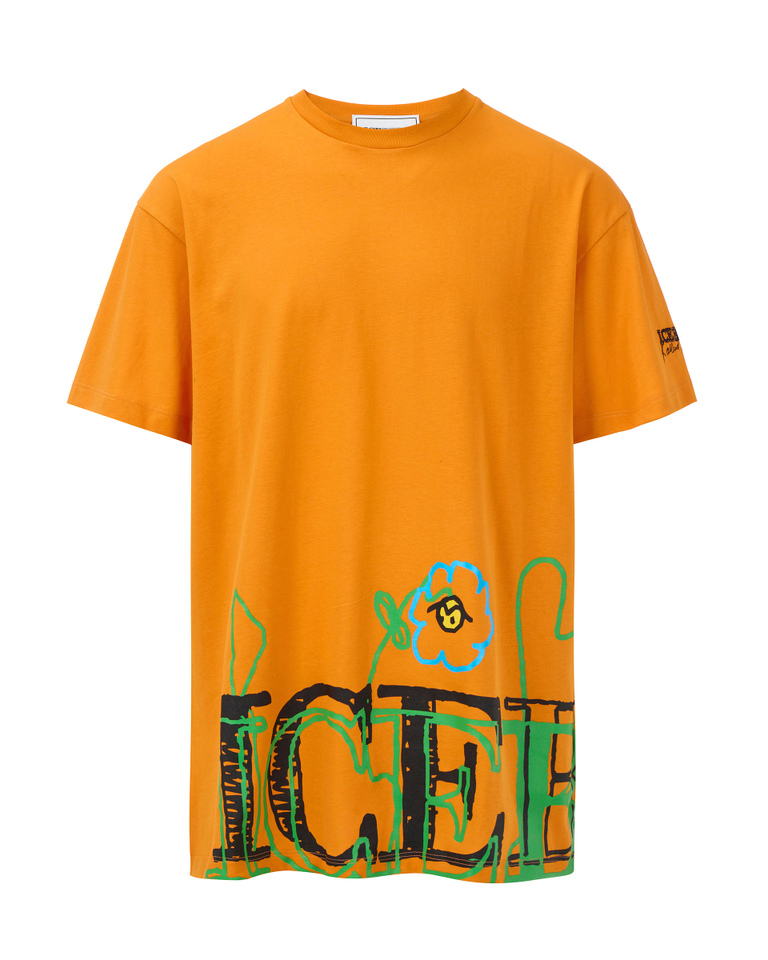 Men's orange oversized cotton jersey t-shirt with an "iceberg blurry flowers" graphic - Promo 30% | Iceberg - Official Website