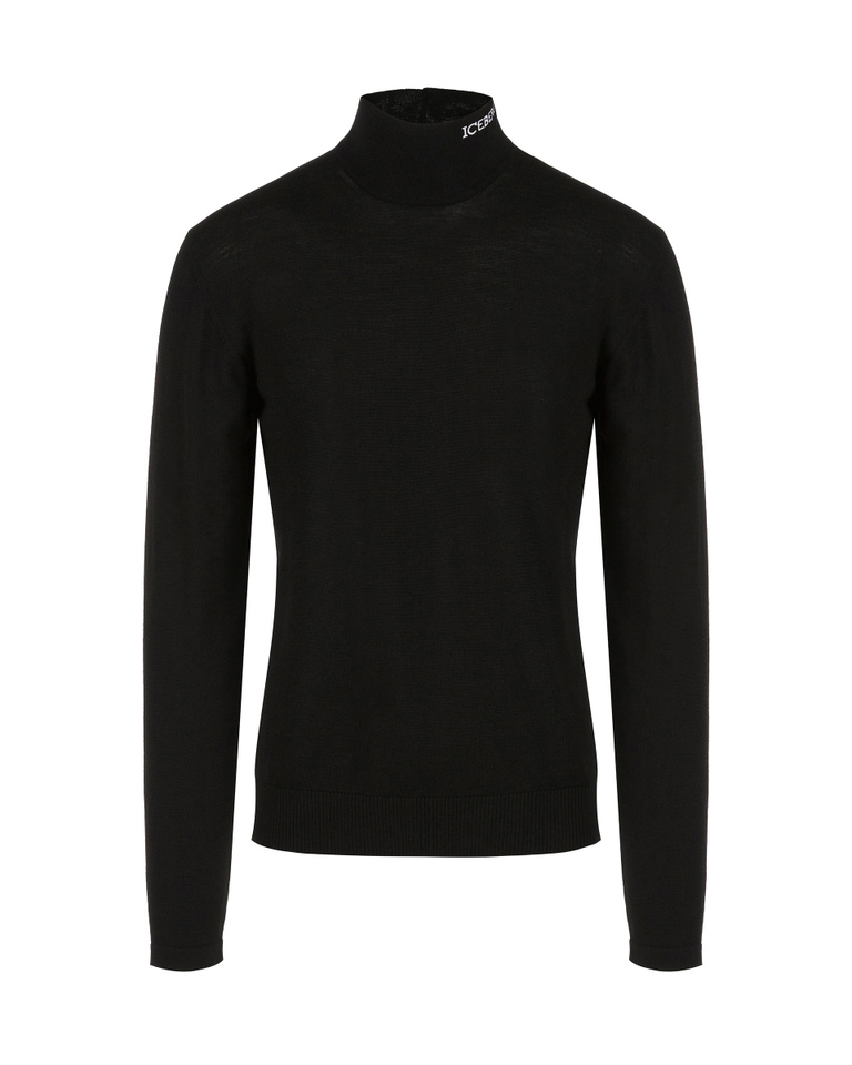 Men's black turtleneck pullover in merino wool with embroidered logo | Iceberg - Official Website