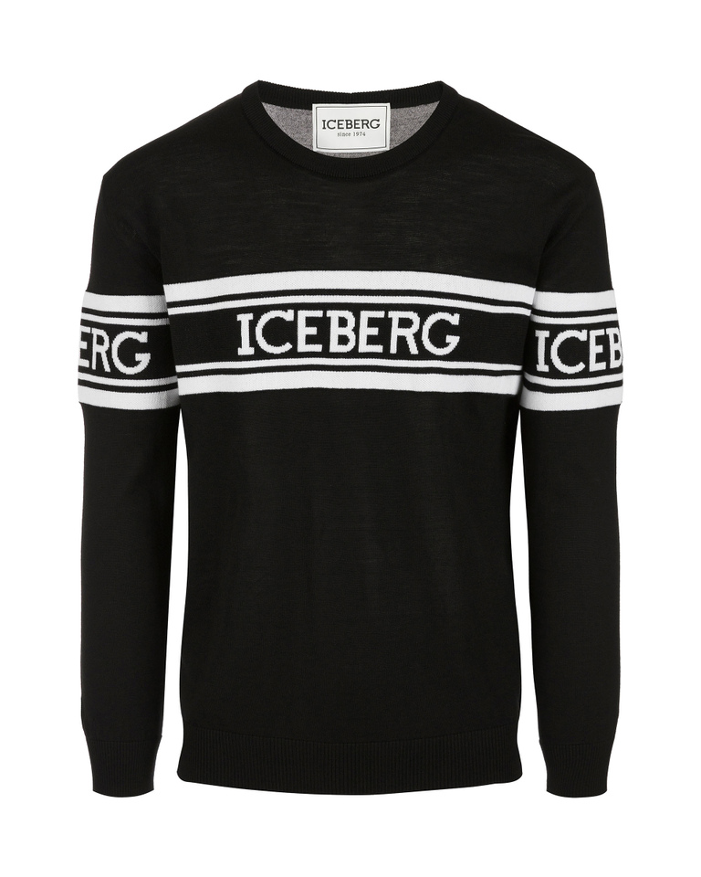 Pullover uomo nero con inserti in cotone e fascia logata a contrasto | Iceberg - Official Website
