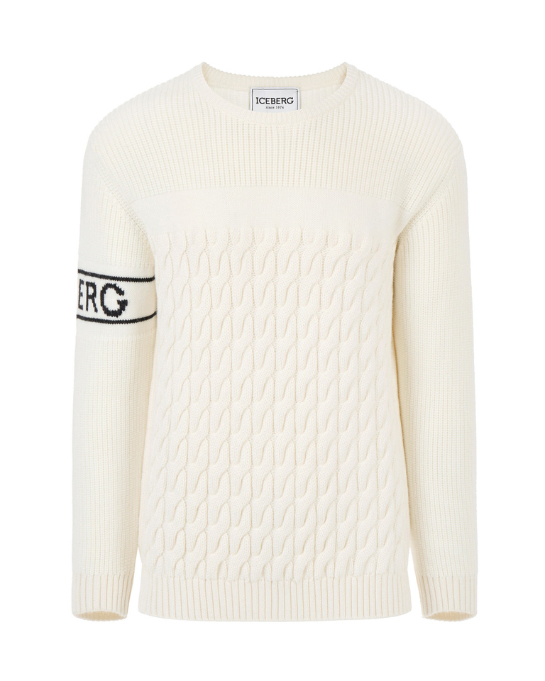 Men's milk white crew neck pullover with contrasting logo - Knitwear | Iceberg - Official Website
