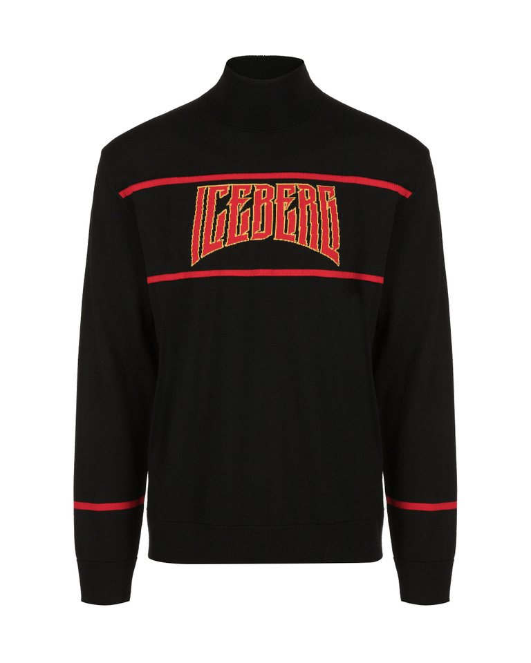 Men's black turtleneck merino wool pullover with contrasting logo - Knitwear | Iceberg - Official Website