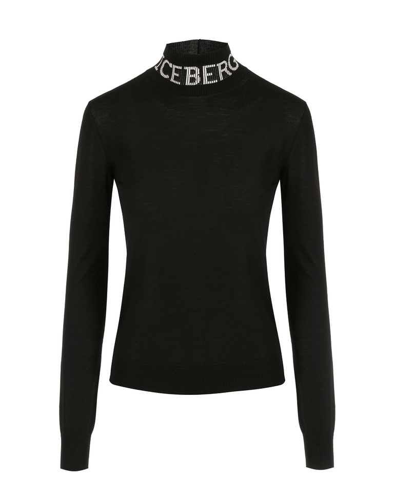 Lupetto donna nero in lana merinos con logo a contrasto | Iceberg - Official Website