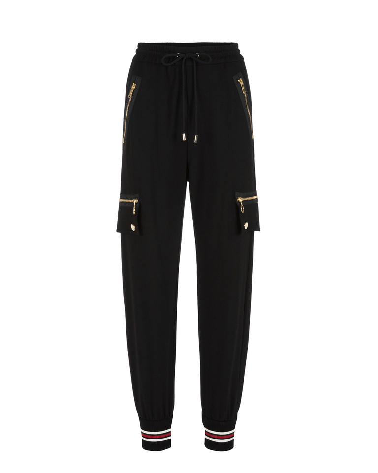Pantaloni sportivi donna neri con zip dorate e fondo gamba a costa rigato - Pantaloni & Jeans | Iceberg - Official Website