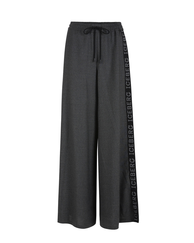 Pantaloni donna grigio melange in flanella wide leg con coulisse e tape in maglia logato - Pantaloni & Jeans | Iceberg - Official Website