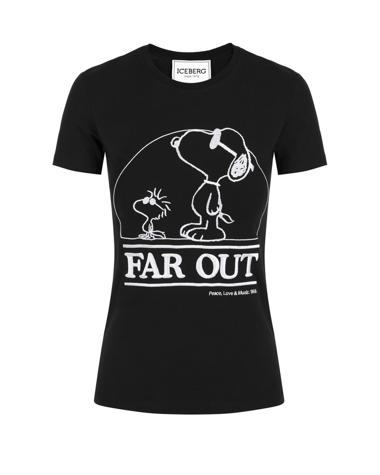 T-shirt donna nera slim fit in cotone stretch con grafica ricamata Snoopy Far Out a contrasto | Iceberg - Official Website
