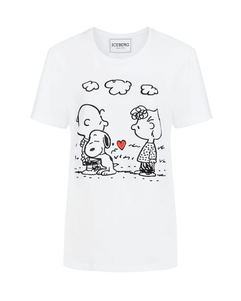 T-shirt donna bianco ottico in cotone con grafica ricamata Love Peanuts e logo sul retro | Iceberg - Official Website