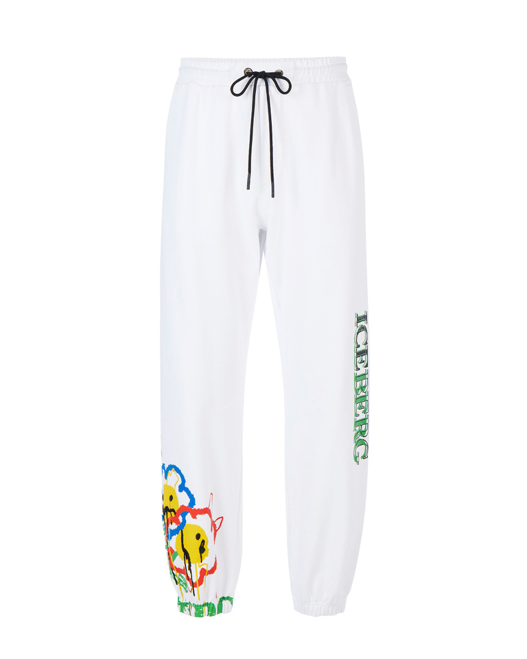 Men's white joggers with contrasting print and logo - Trousers | Iceberg - Official Website