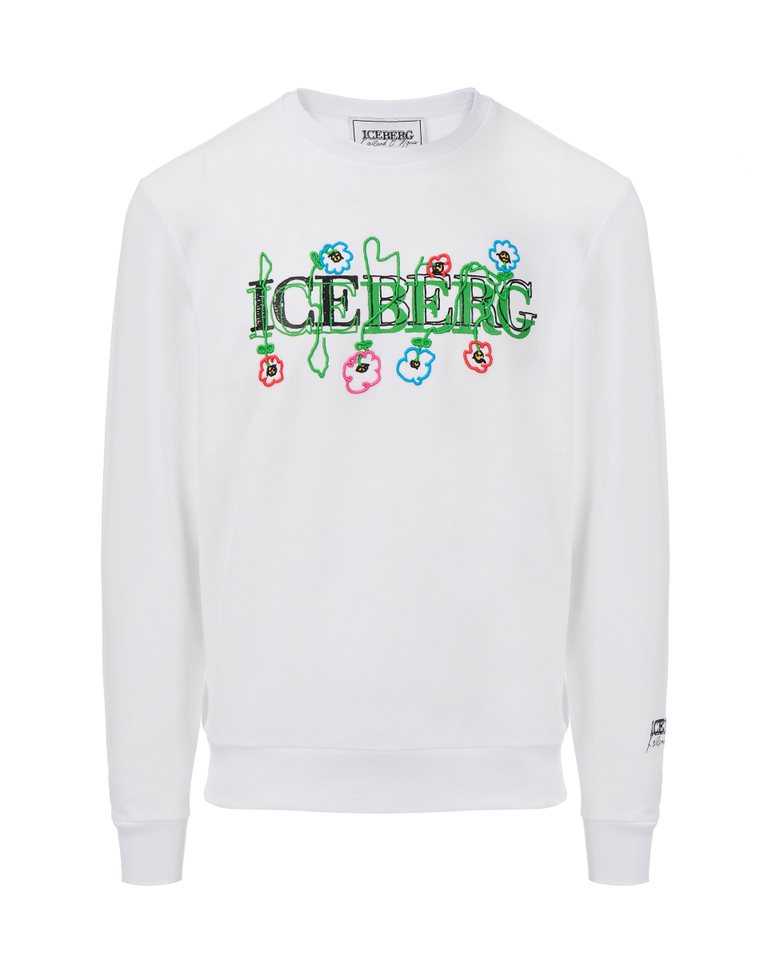 Men's regular fit white cotton crew neck sweatshirt with Iceberg Blurry Flowers 3D effect embroidery - sweatshirts | Iceberg - Official Website