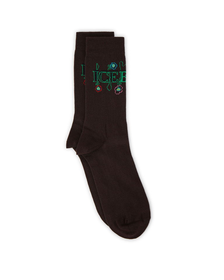 Men's brown cotton socks with blurry flowers logo - Socks | Iceberg - Official Website