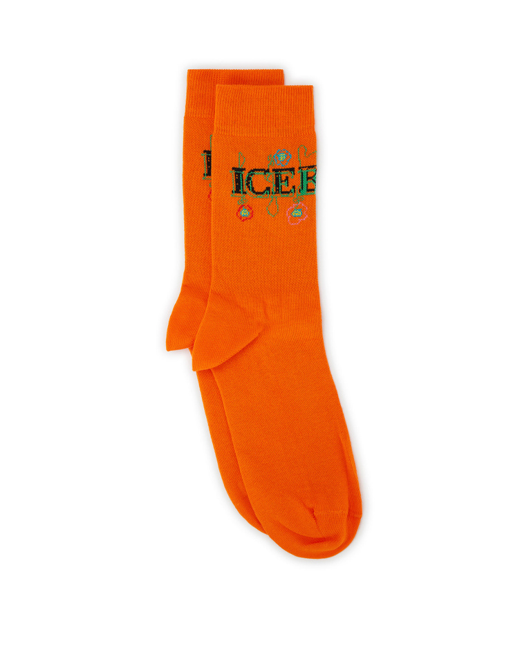 Men's orange cotton socks with blurry flowers logo - Socks | Iceberg - Official Website