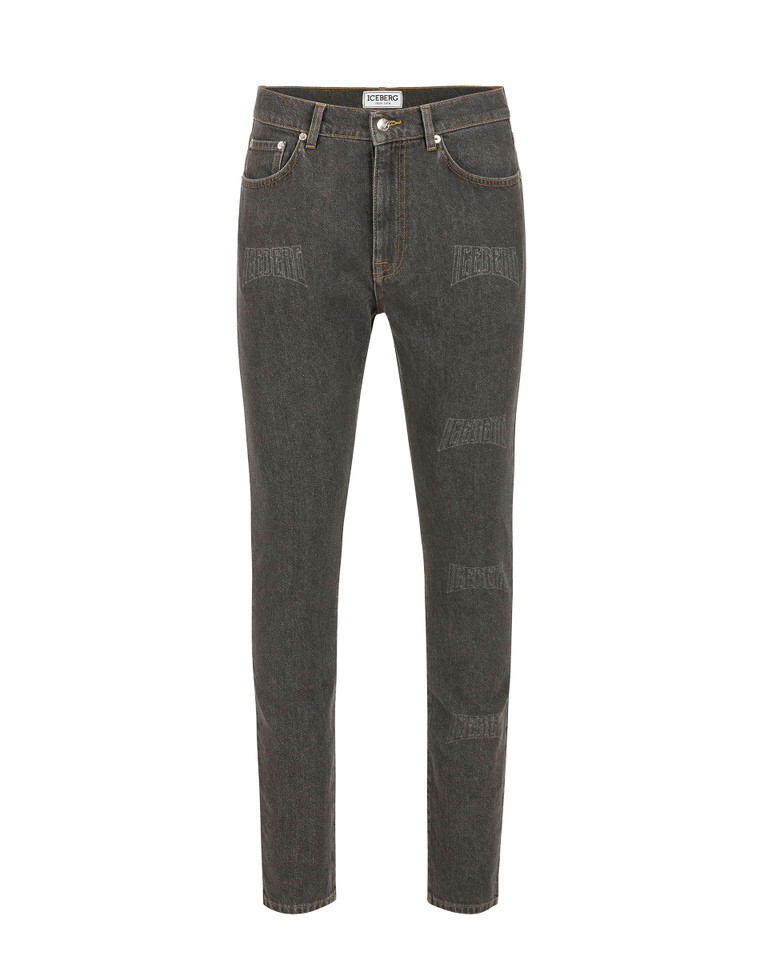 Jeans uomo grigi stone washed skinny fit con stampa multilogo a laser tono su tono - Pantaloni | Iceberg - Official Website