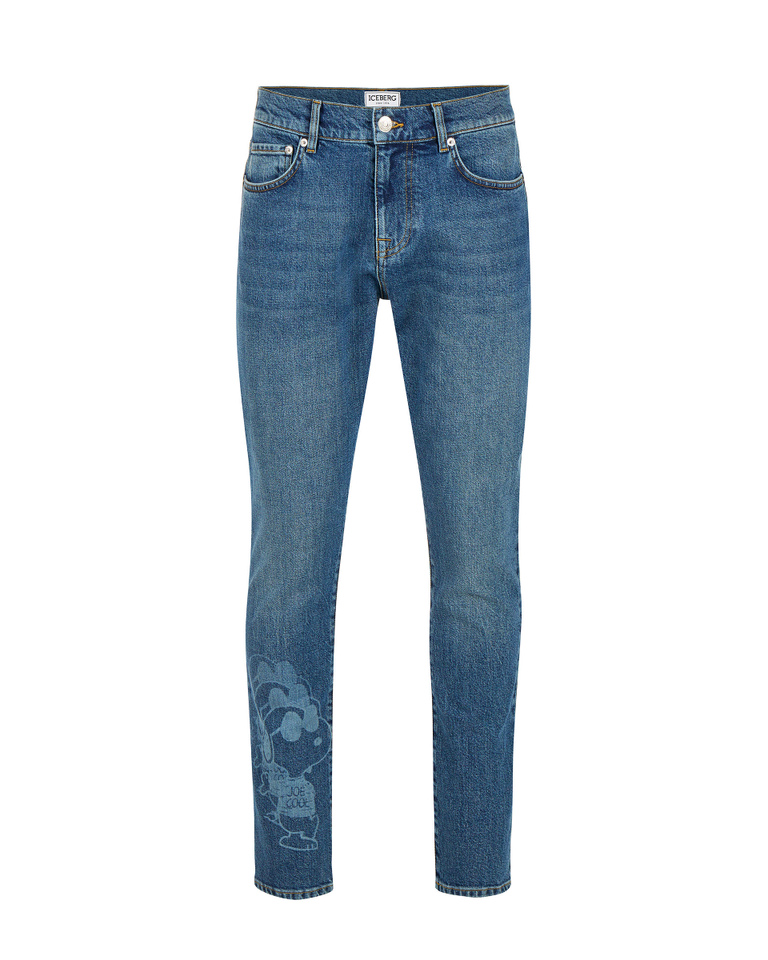 Jeans uomo blu stone washed slim fit con grafica Snoopy laserata sul fondo gamba - Pantaloni | Iceberg - Official Website