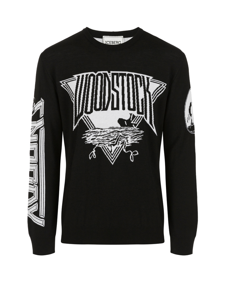 Men's black crew neck pullover with contrasting Woodstock graphics - Knitwear | Iceberg - Official Website