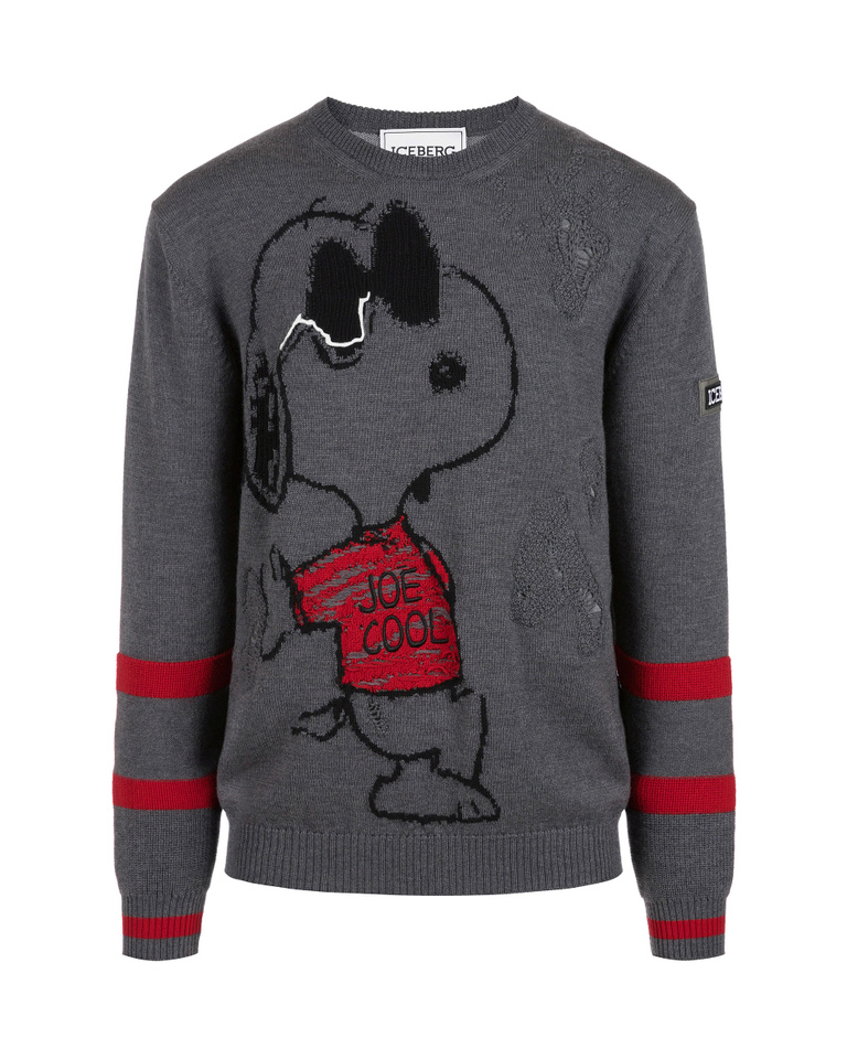 Men's grey crew neck wool pullover with Snoopy graphics - Knitwear | Iceberg - Official Website