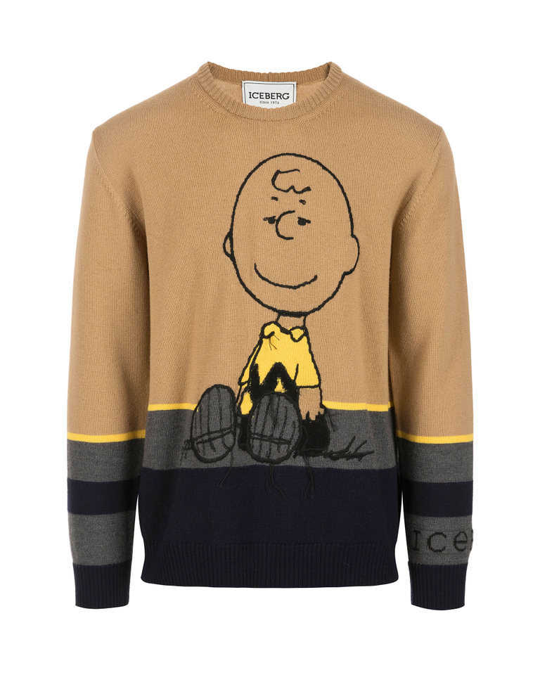 Men's beige crew neck merino wool pullover with Charlie Brown graphics - Knitwear | Iceberg - Official Website