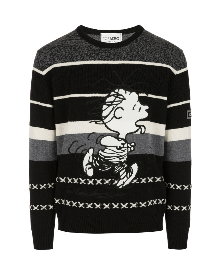Men's grey and black striped lambswool crew neck pullover with Linus graphics - Knitwear | Iceberg - Official Website