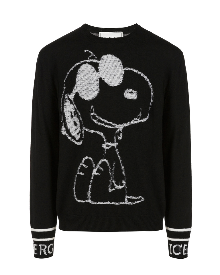 Men's black crew neck merino wool pullover with Snoopy graphics - Knitwear | Iceberg - Official Website