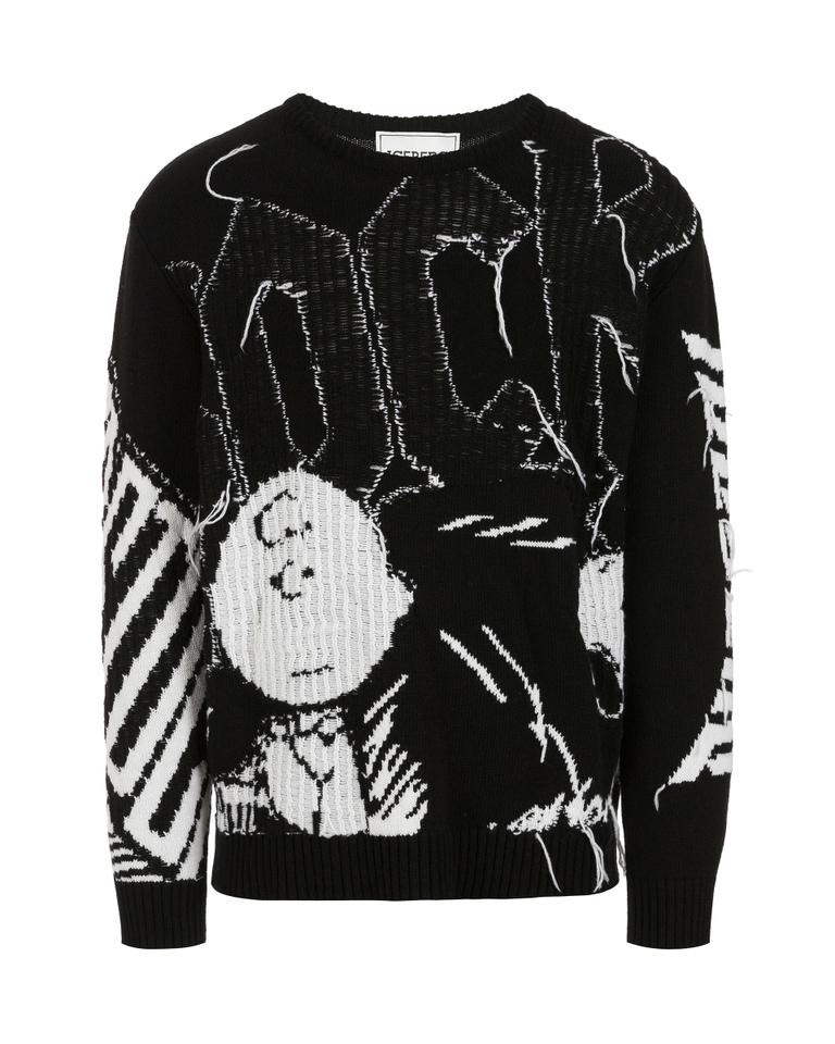 Men's black crew neck merino wool pullover with contrasting Charlie Brown graphics - Men's Outlet | Iceberg - Official Website