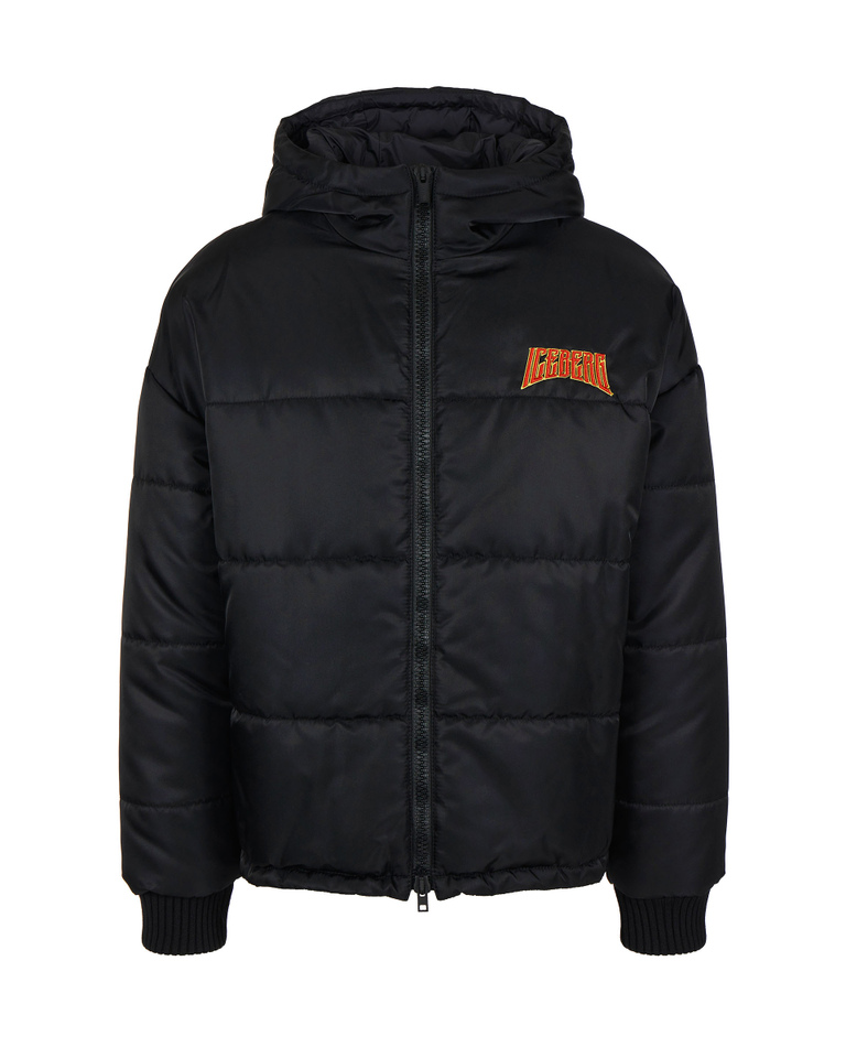 Men's black hooded padded jacket with contrasting logo - Jackets | Iceberg - Official Website