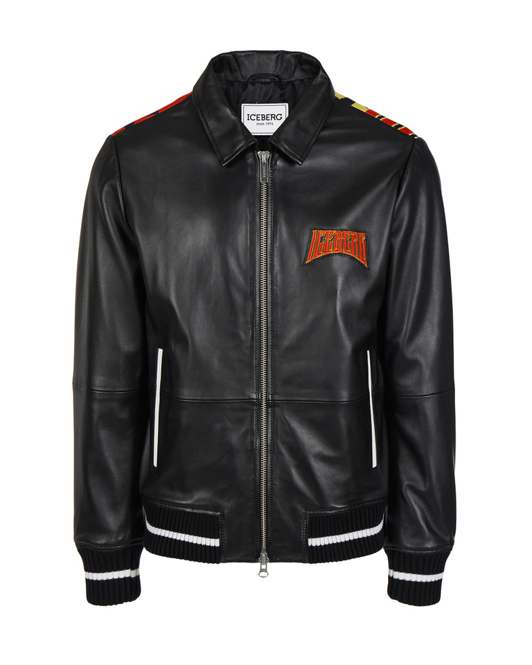 Men's black leather bomber jacket with contrasting logo - Jackets | Iceberg - Official Website