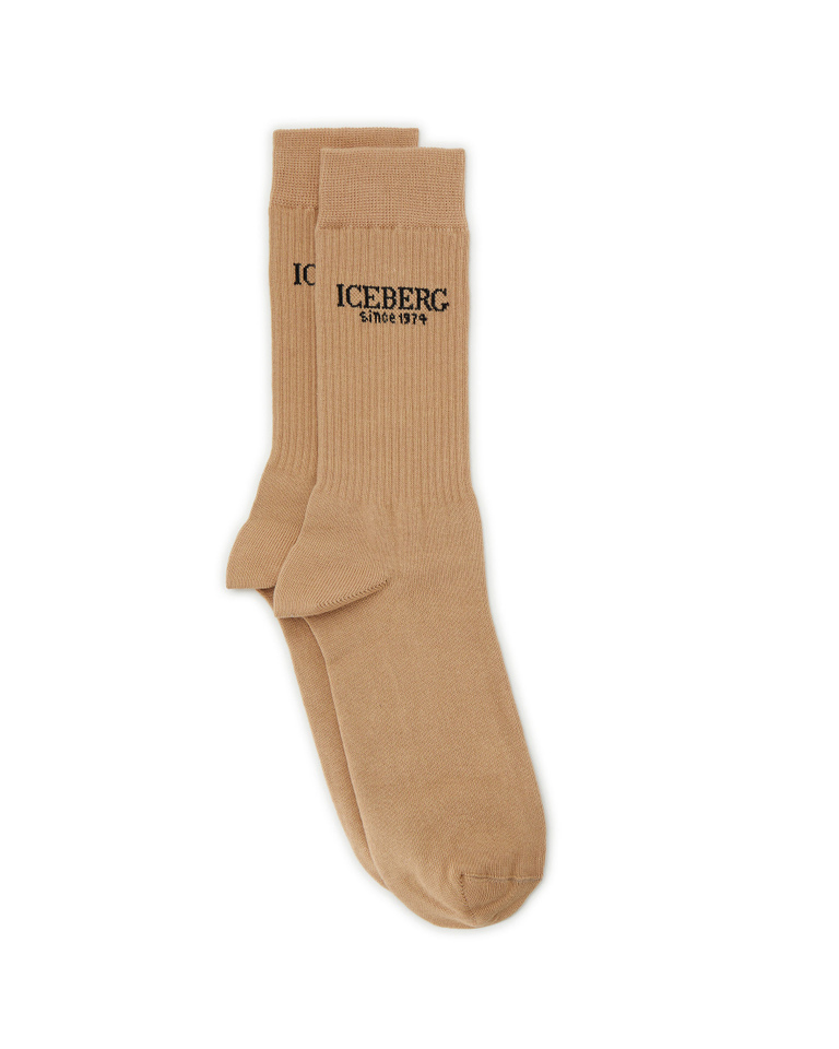 Men's camel stretch cotton socks with contrasting logo - Socks | Iceberg - Official Website