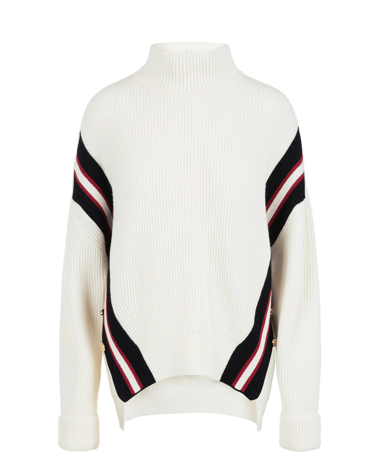 Pullover donna color panna con collo alto ampio e righe laterali a contrasto - Maglieria | Iceberg - Official Website