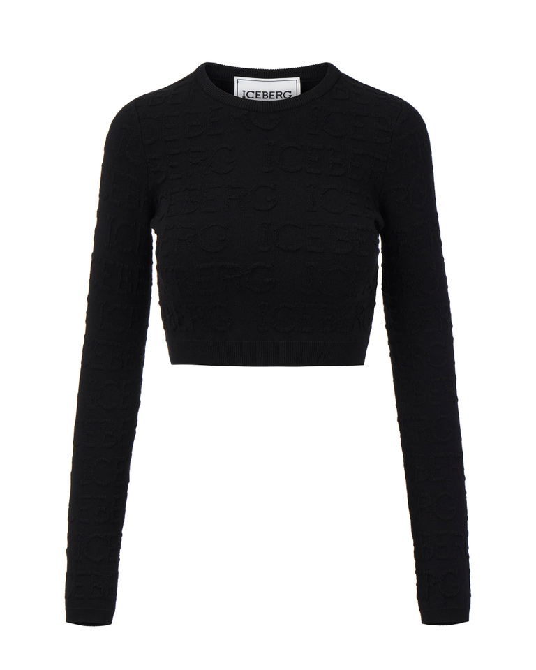Women's black long-sleeved cropped top in stretch viscose with all-over Iceberg logo - Knitwear | Iceberg - Official Website