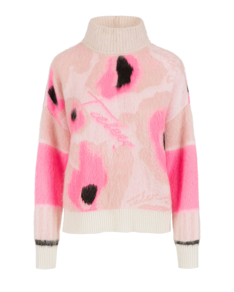 Women's cream turtleneck relaxed fit sweater with dropped shoulders and an abstract floral pattern - Women's outlet | Iceberg - Official Website